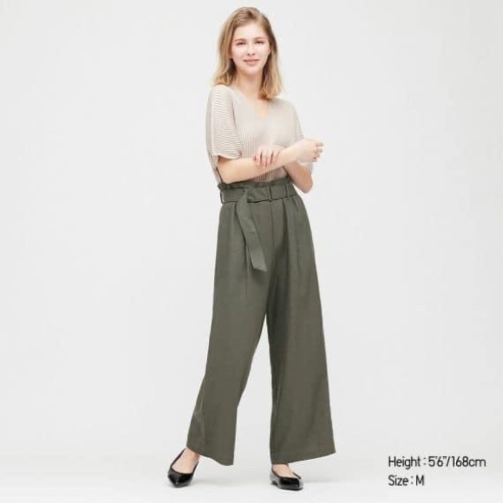 Uniqlo Womens Linen Blend Wide Leg Belted Paperbag Pant Size XXL Green Pocket